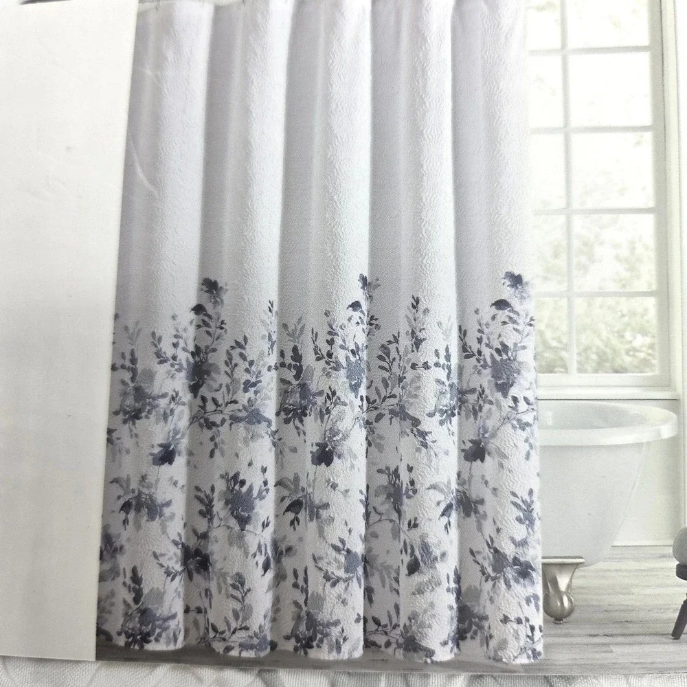 DKNY Floral Silhouette Microsculpt Fabric Shower Curtain White Blue 72x72inch